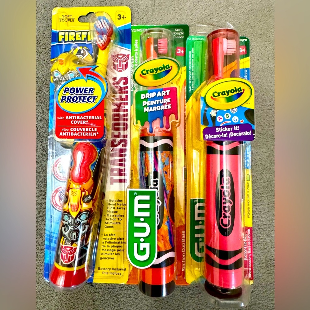 Kids Battery Powered Toothbrush 3-Pack (2 Crayola, 1 Transformers) Soft Bristles